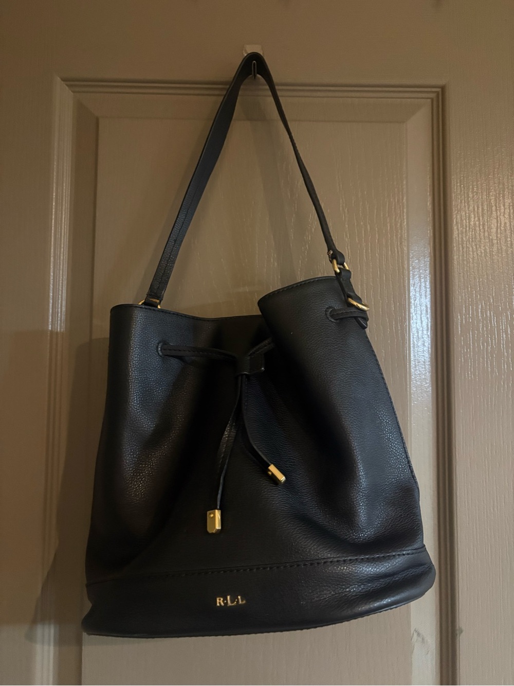 Polo by Ralph Lauren Black Pebble Leather Drawstring Shoulder Bag